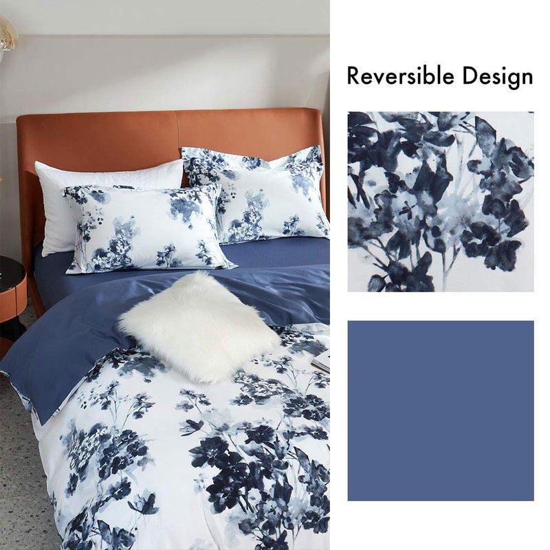 MILDLY 100% Long Staple Cotton Duvet Cover Set Navy Blue Leaves Printed Comforter Cover Set Watercolor Plant Floral Bed Linen Set King Size - Image 3